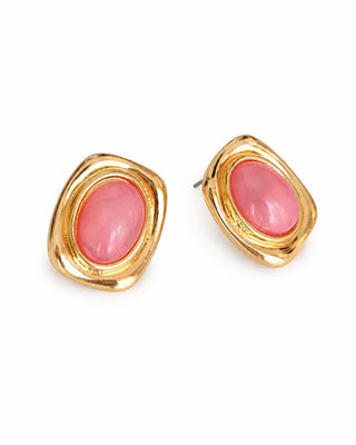 Gold Pembe Taşlı Minimal Kare Form Küpe