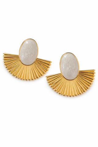 Beyaz Mineli Gold Yaprak Küpe