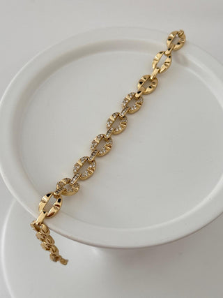 14K Gold Desenli Taşlı Oval Bileklik