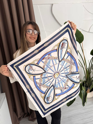 Mavi Krem Desenli Fular