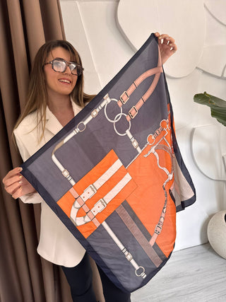 Lacivert Turuncu Zincir Desen Fular