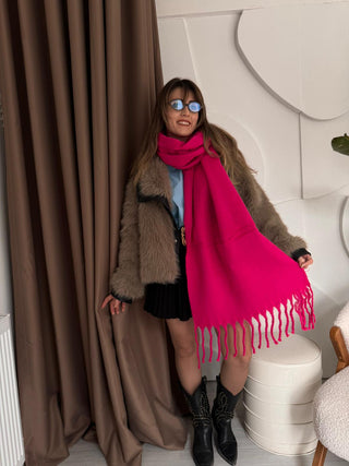 Fuşya Peluş Pinterets Puf Şal