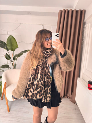 Leopar Desen Kahve Detay Yünlü Şal