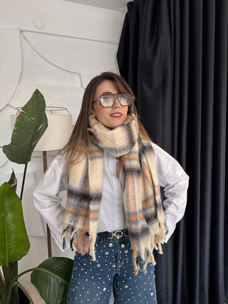 Çizgi Desen Krem Puf Şal