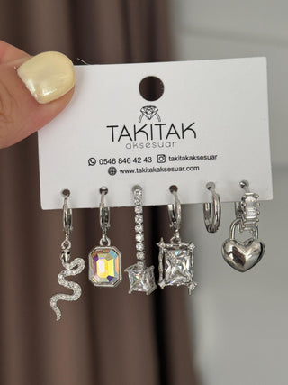 Yılan Kalp Figürlü Altılı Set Küpe