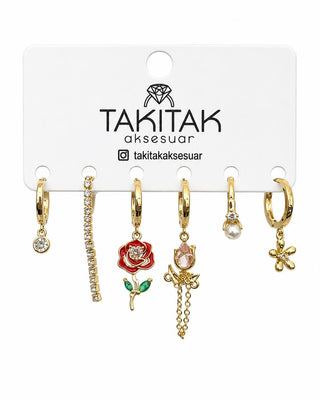 Gold Gül Detay 6lı Set Küpe