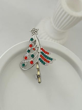 Silver Kırmızı Yeşil Taşlı Çam Ağacı Broş