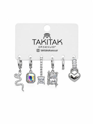 Silver Yılan Kalp Figürlü 6lı Set Küpe
