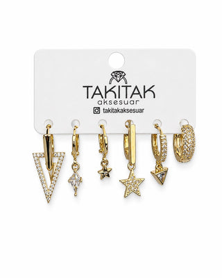 Gold Üçgen Yıldız Detay 6lı Set Küpe