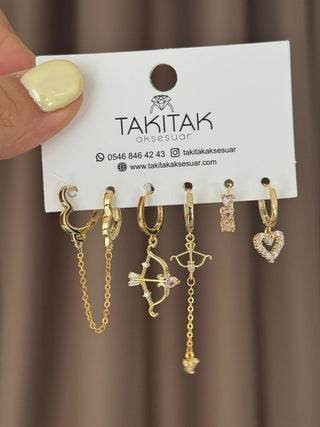 Gold Kalp Ok Detay Altılı Set Küpe