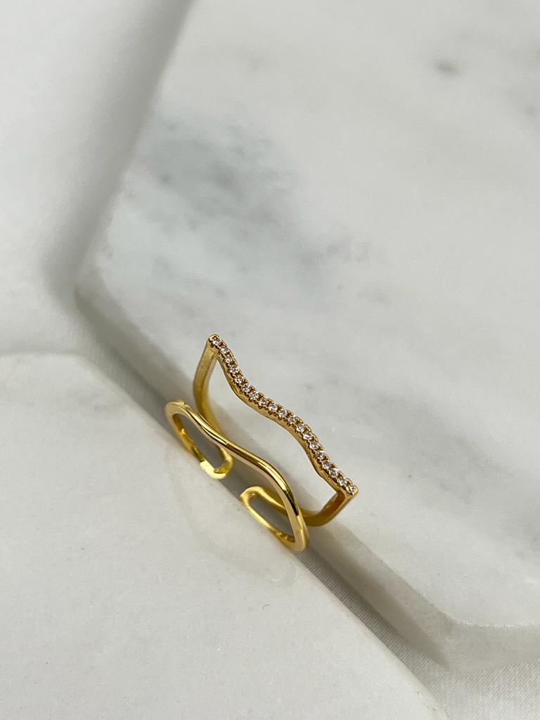 İnce Zirkon Taşlı 2li Görünüm Tasarım Gold Yüzük