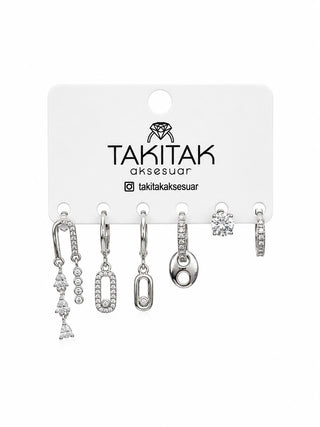 Silver Düğme Desen 6lı Set Küpe