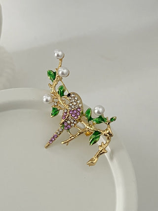 İnci Detay Mor Kuş Broş