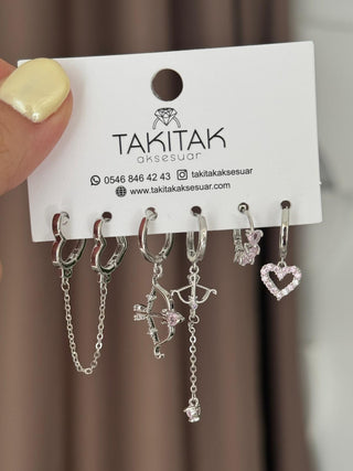 Silver Kalp Ok Detay Altılı Set Küpe