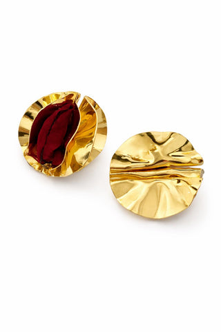 Gold Bordo Tül Detay Topçuk Küpe