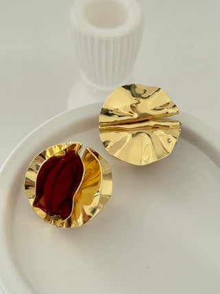 Gold Bordo Tül Detay Topçuk Küpe