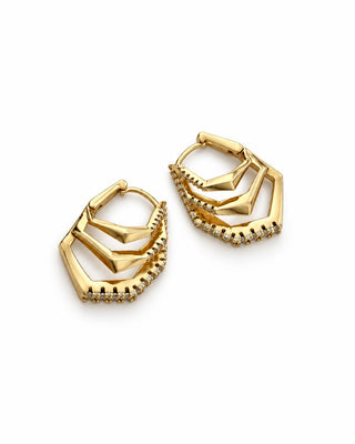 14K Gold Üçlü Taş Detay Halka Küpe