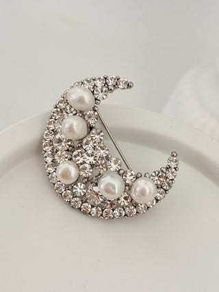 Taşlı inci Yarım Ay Broş