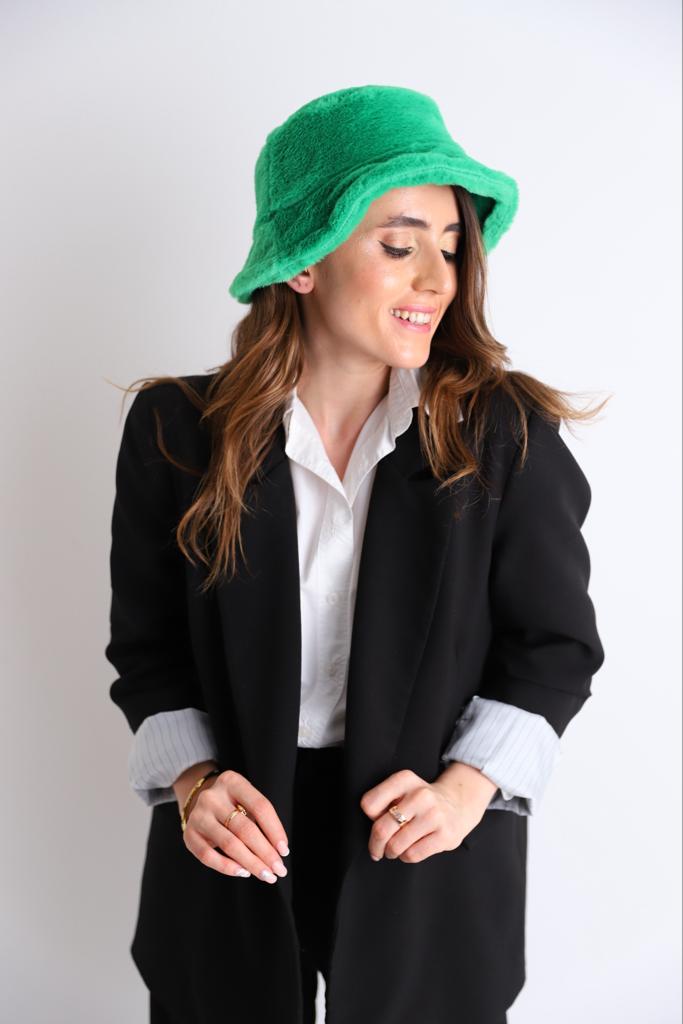 Yeşil Peluş Bucket Şapka
