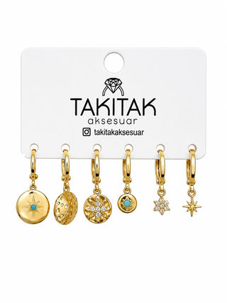 Gold Kutup Yıldızı Plaka Detay 6lı Set Küpe