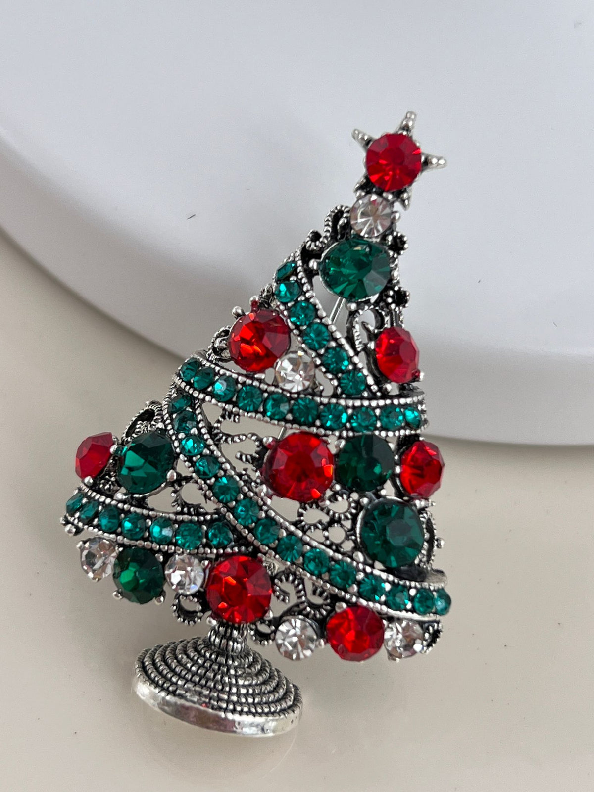 Tasarım Renkli Taşlı Silver Noel Ağacı Broş