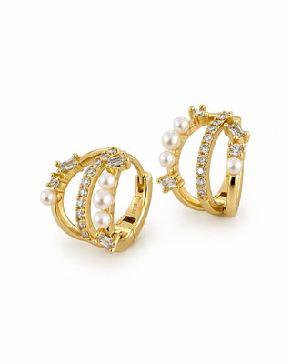 14K Gold İnci Detay Üçlü Görünüm Halka Küpe