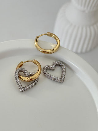 14K Gold Çift Renk Halka Kalp Küpe