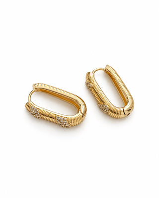 14K Gold Oval Form Çizgi Desen Küpe