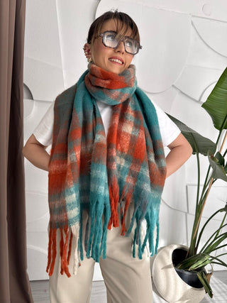 Mavi Turuncu Geçişli Çizgili Yünlü Şal