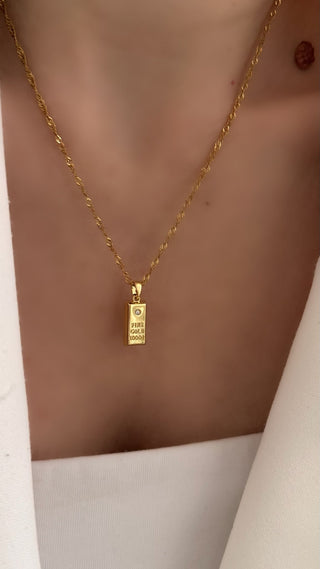 Çelik Gold Minimal Taşlı Külçe Kolye